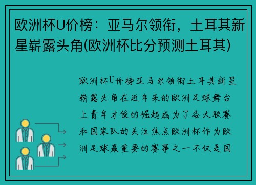 欧洲杯U价榜：亚马尔领衔，土耳其新星崭露头角(欧洲杯比分预测土耳其)