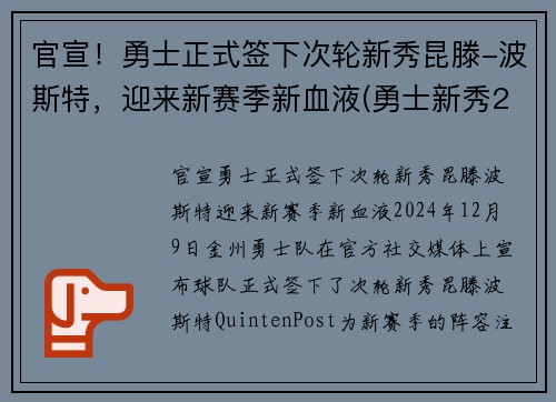 官宣！勇士正式签下次轮新秀昆滕-波斯特，迎来新赛季新血液(勇士新秀2020)