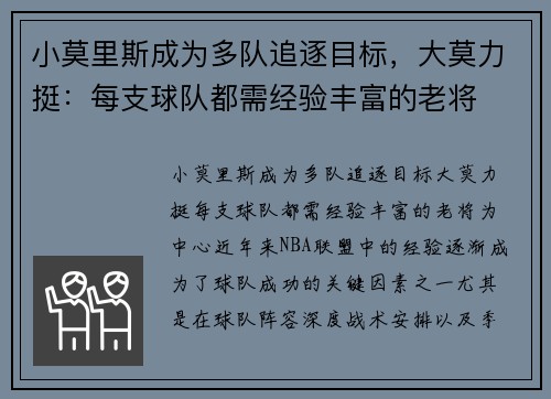 小莫里斯成为多队追逐目标，大莫力挺：每支球队都需经验丰富的老将