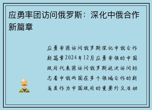 应勇率团访问俄罗斯：深化中俄合作新篇章