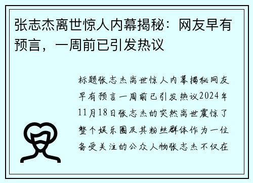 张志杰离世惊人内幕揭秘：网友早有预言，一周前已引发热议