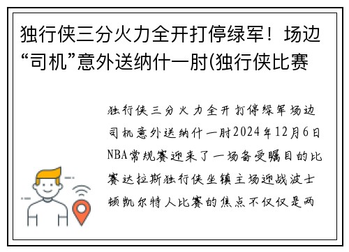 独行侠三分火力全开打停绿军！场边“司机”意外送纳什一肘(独行侠比赛视频)