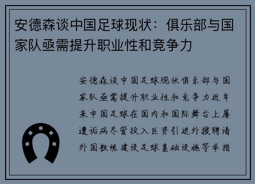 安德森谈中国足球现状：俱乐部与国家队亟需提升职业性和竞争力